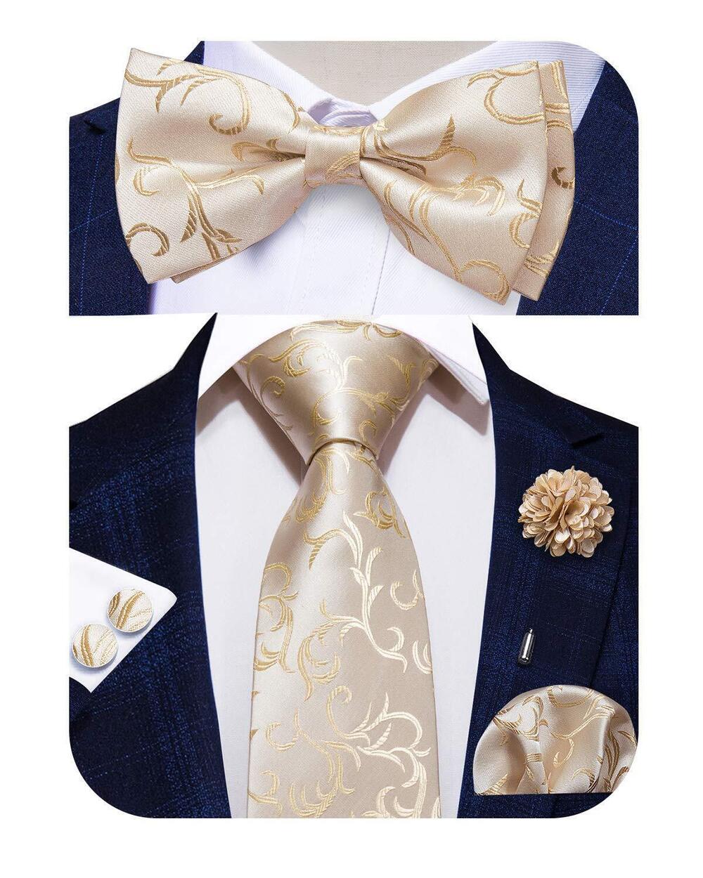 4286 Beige Tie and Bowties Set Silk Wedding Necktie Pretied Bow Tie Pocket